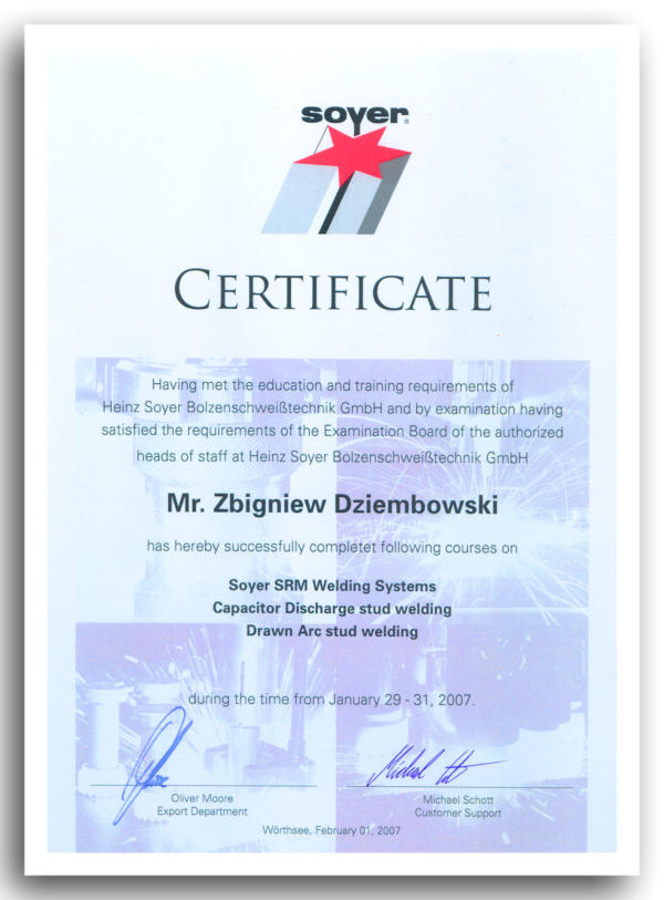 SOYER CERTIFICATE - ZERTIFIKAT fr Hr Zbigniew Dziembowski - www.srm-technology.eu - Bolzenschweitechnik