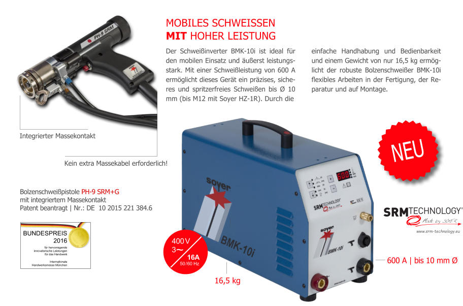 COMPART Z.Dziembowski SRM Bolzen- und Mutternschweitechnik (Heinz Soyer PL) - www.srm-technology.eu - Bolzenschweier BMK-10i und Bolzenschweipistole PH-9 SRM+G mit integriertem Massekontakt